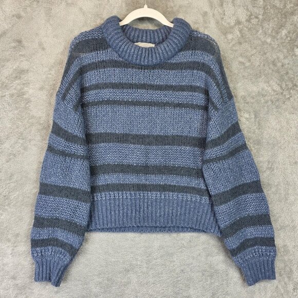 Everlane Sweater Womens Small Blue Gray Striped Mock Neck Alpaca Merino Blend - Picture 1 of 9